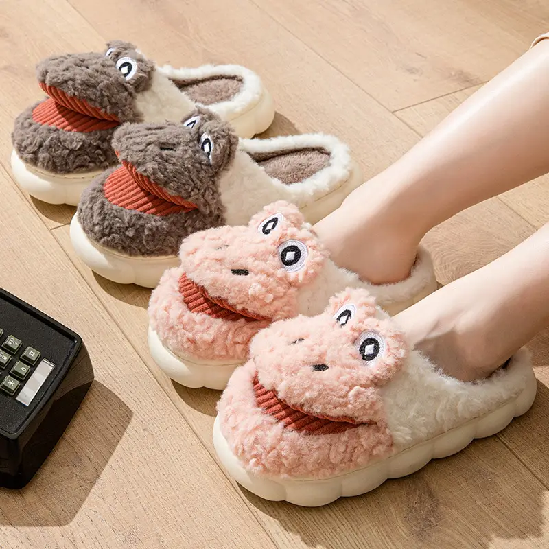 Big mouth cotton slippers women's winter covered heel indoor home warm outdoor wear cute thick bottom plush cotton shoes men's winter