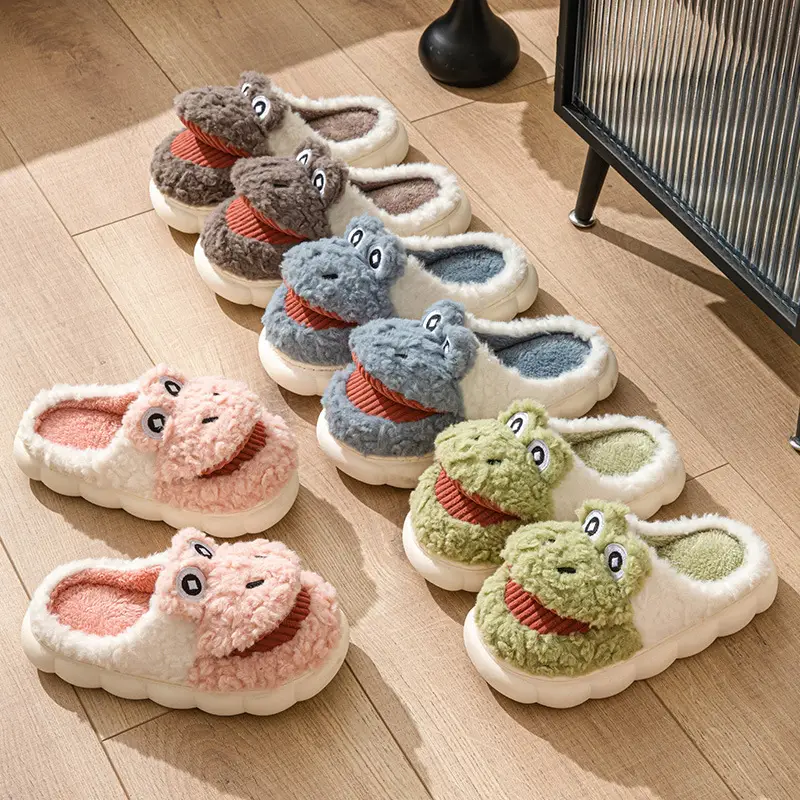 Big mouth cotton slippers women's winter covered heel indoor home warm outdoor wear cute thick bottom plush cotton shoes men's winter