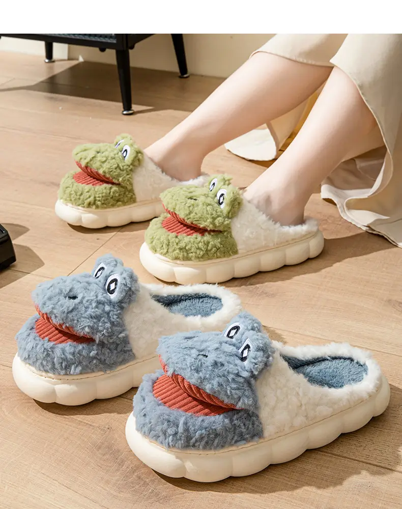 Big mouth cotton slippers women's winter covered heel indoor home warm outdoor wear cute thick bottom plush cotton shoes men's winter — feature 12