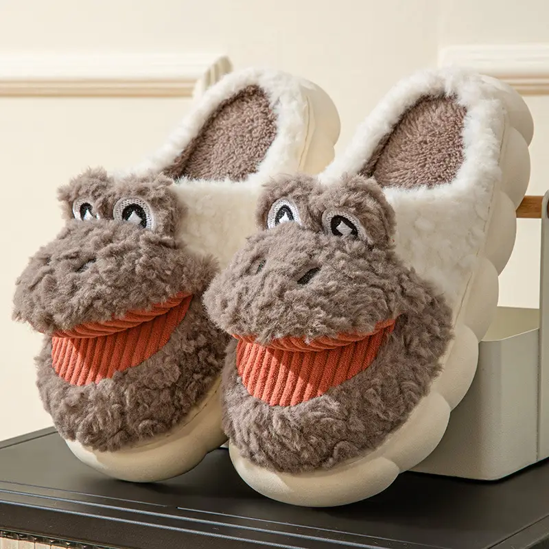 Big mouth cotton slippers women's winter covered heel indoor home warm outdoor wear cute thick bottom plush cotton shoes men's winter