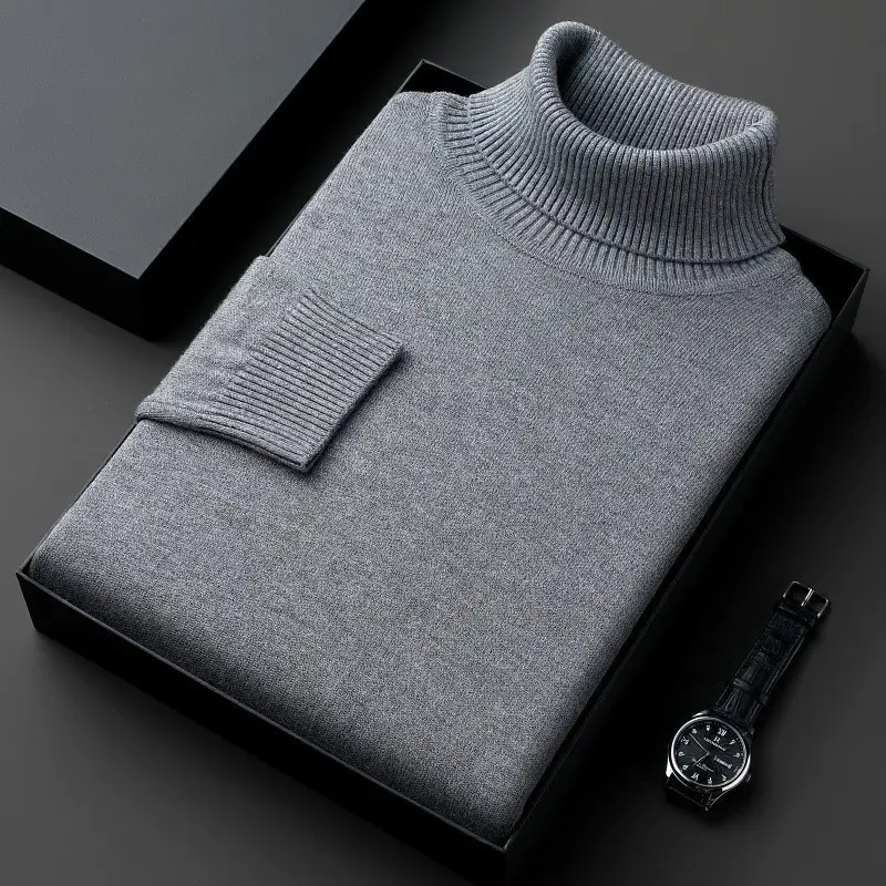 Winter Men's Grey Turtleneck Sweater Solid Color - Image 3