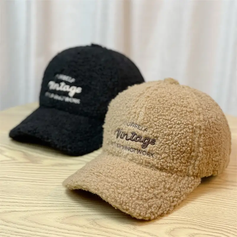 Women Furry Cap Winter Tan Black Embroidered
