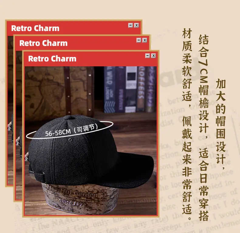 Men Wool Peaked Cap Warm Casual Large Beige — feature 9