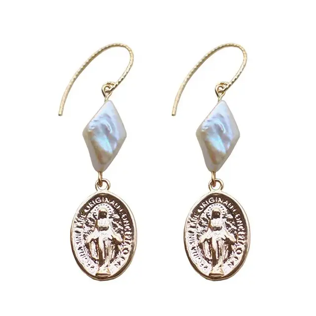 Vintage Pearl Earrings 14K Gold Coin Drop Drop Ear Hook
