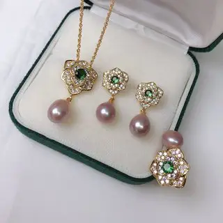 18k Gold Pearl Flower Earrings Necklace Set - Image 8