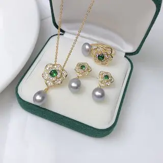 18k Gold Pearl Flower Earrings Necklace Set - Image 9