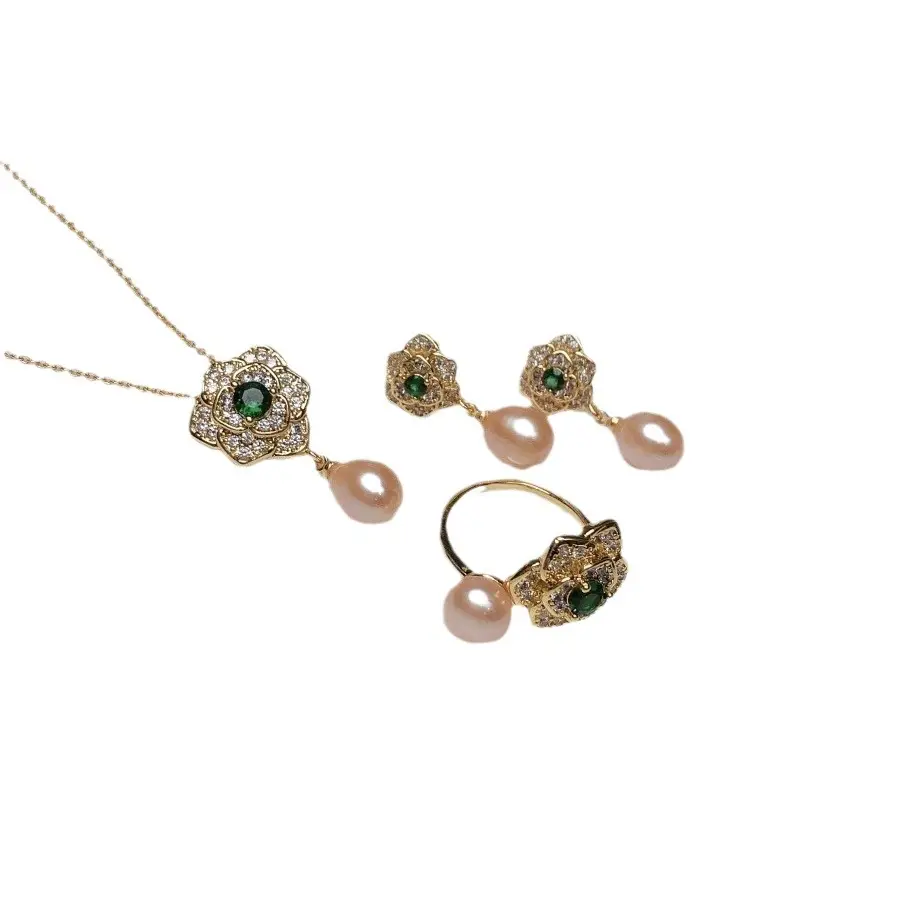 18k Gold Pearl Flower Earrings Necklace Set - Image 10