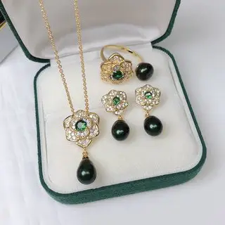 18k Gold Pearl Flower Earrings Necklace Set - Image 5