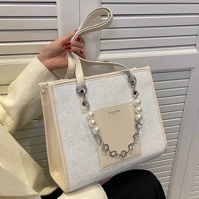 Pearl Chain Shoulder Bag for Women with Pearl Embroidery - Image 2