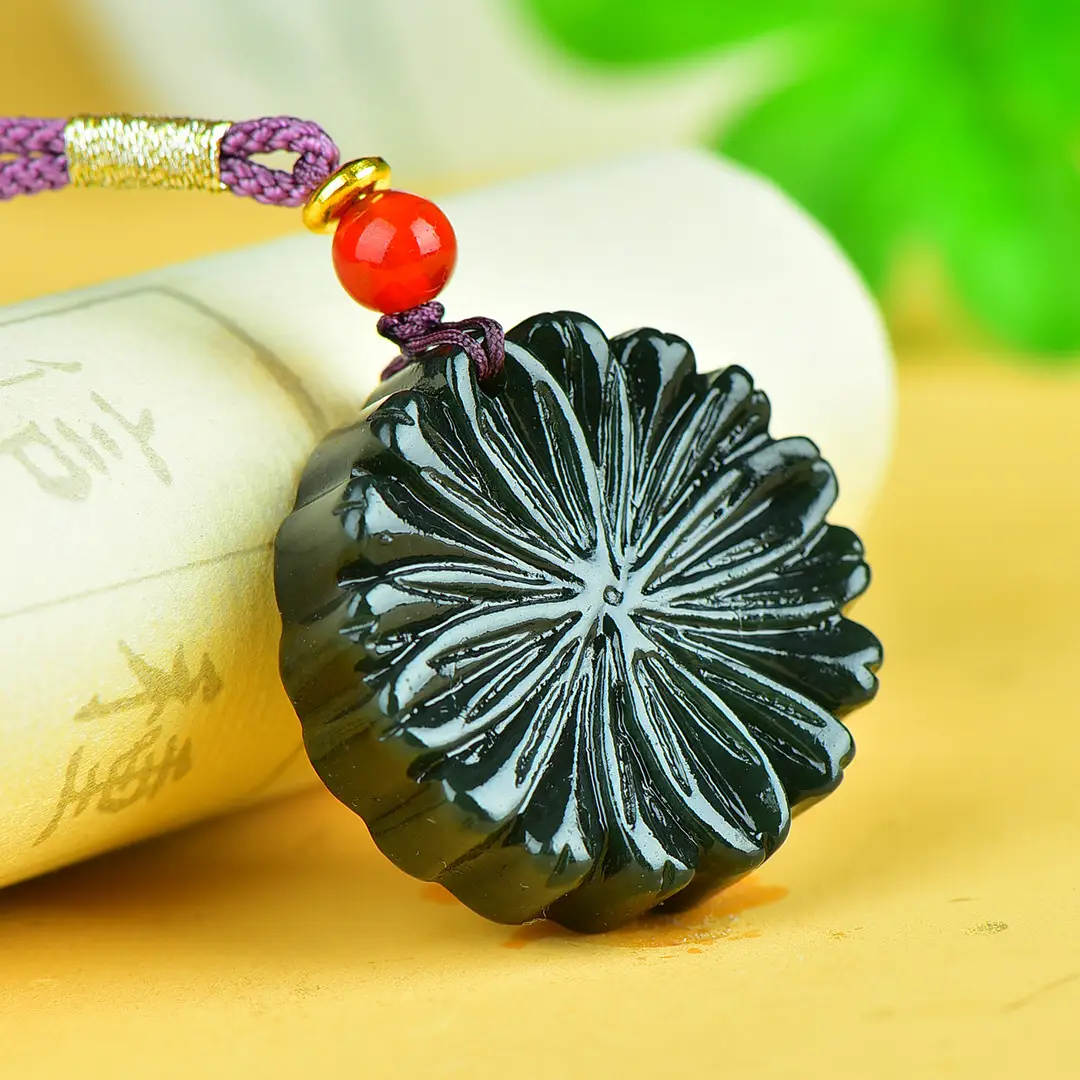 Hetian Jade Flower Pendant Black Red String - Image 3