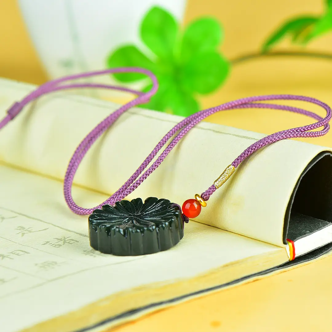 Hetian Jade Flower Pendant Black Red String - Image 4