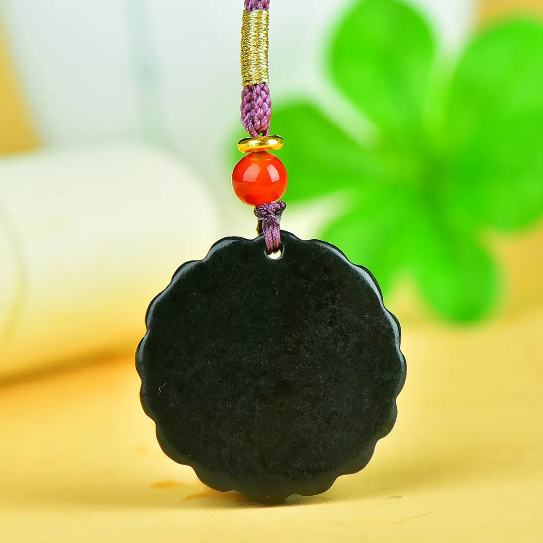 Hetian Jade Flower Pendant Black Red String — feature 7