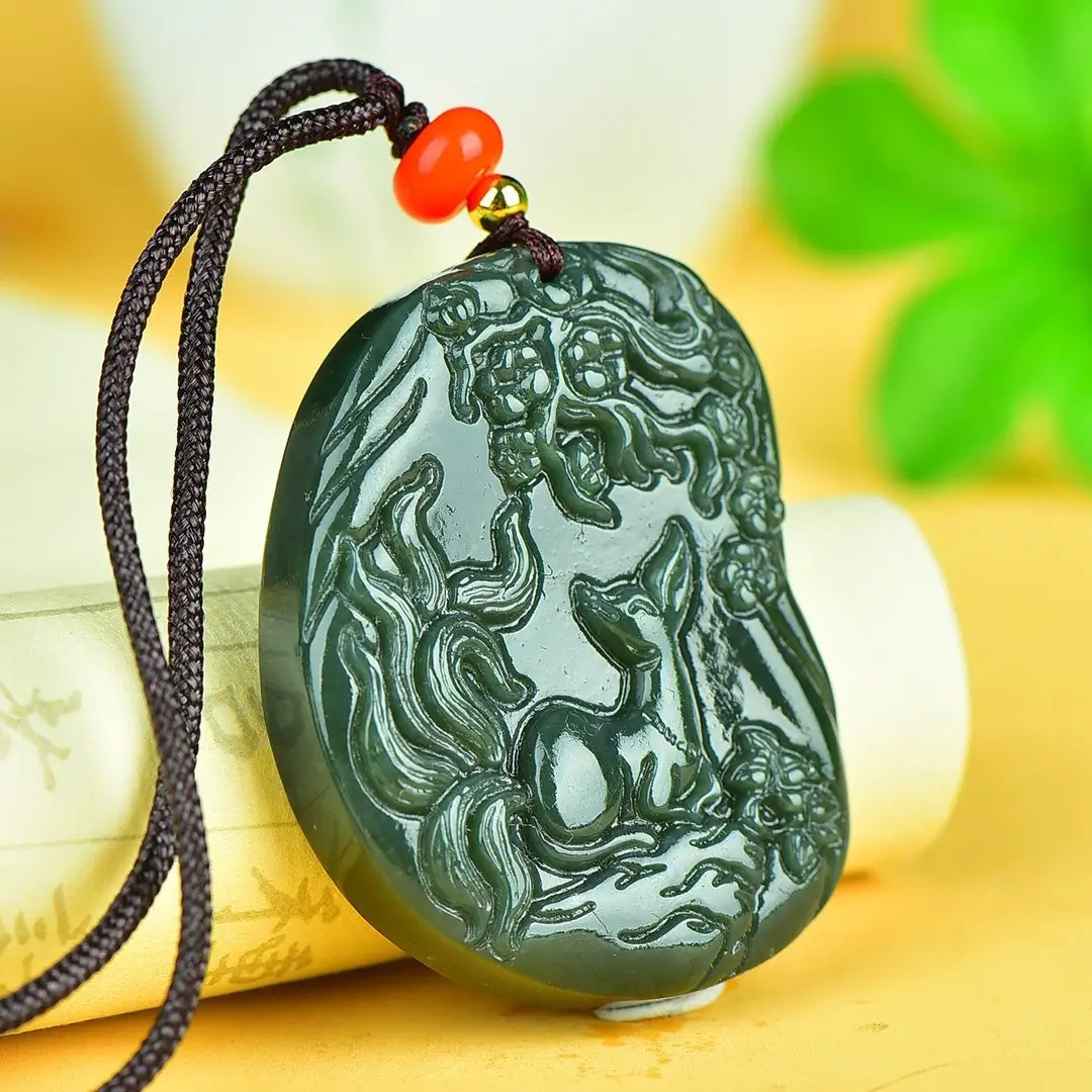 Hetian Jade Nine-Tail Fox Pendant with Red Resin