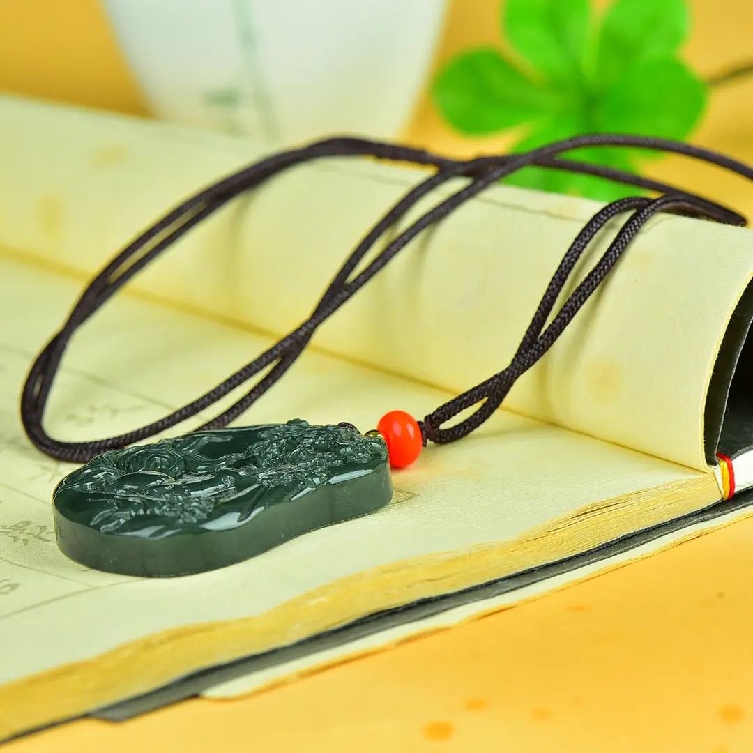 Hetian Jade Nine-Tail Fox Pendant with Red Resin