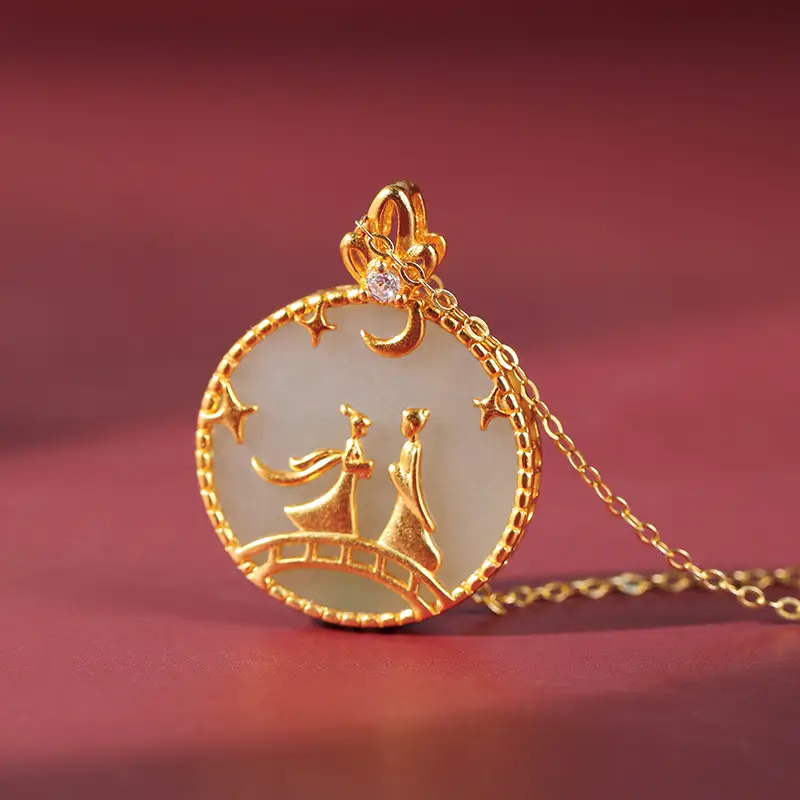 Gold Inlay Jade Pendant with Lotus Design