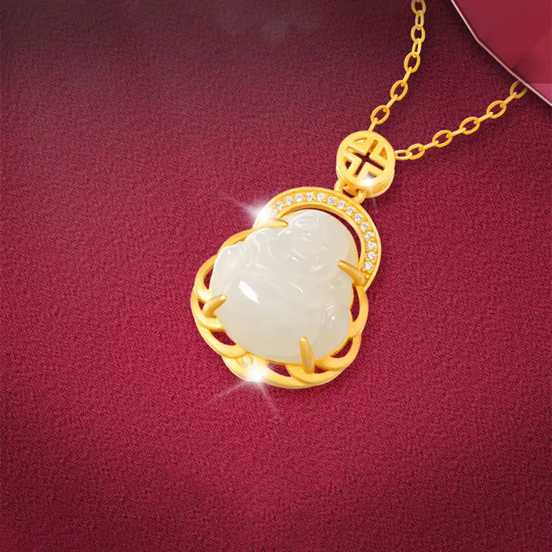 Gold Inlay Jade Pendant with Lotus Design