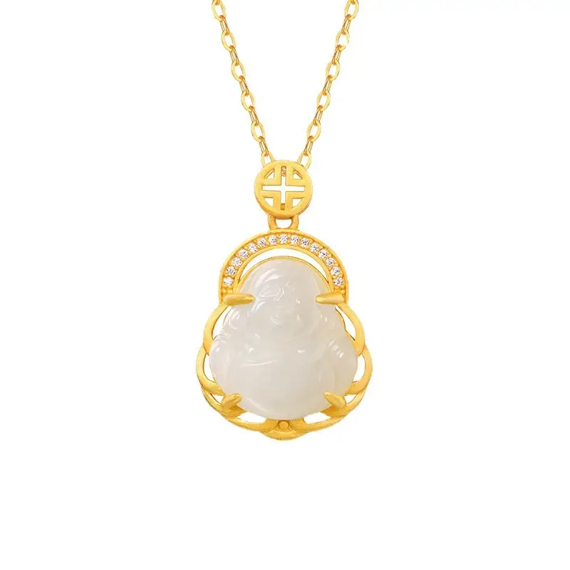 Gold Inlay Jade Pendant with Lotus Design