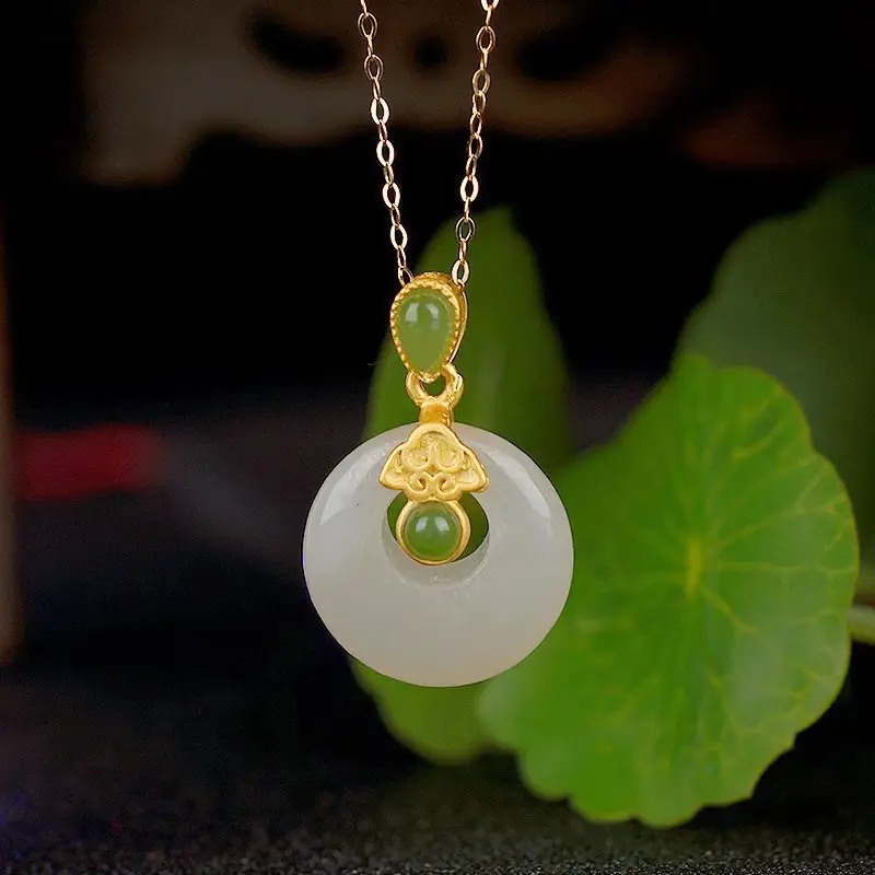 Gold Inlay Jade Pendant with Lotus Design