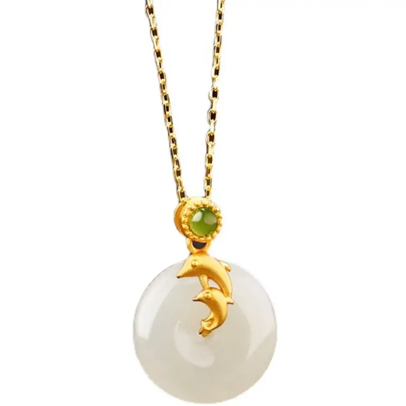 Gold Inlay Jade Pendant with Lotus Design
