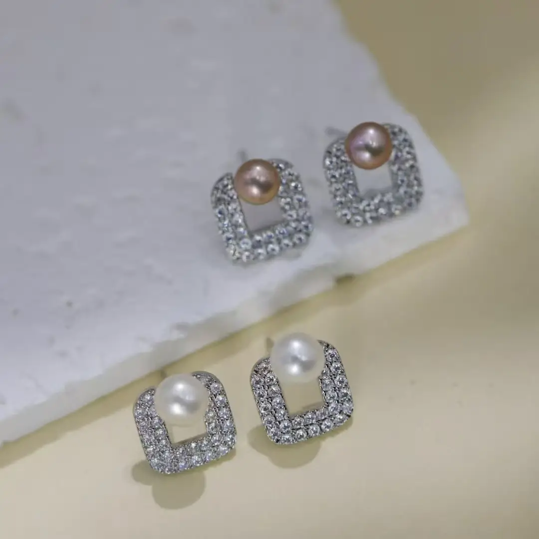 18K Gold Plated Pearl Square Zircon Earrings - Image 4