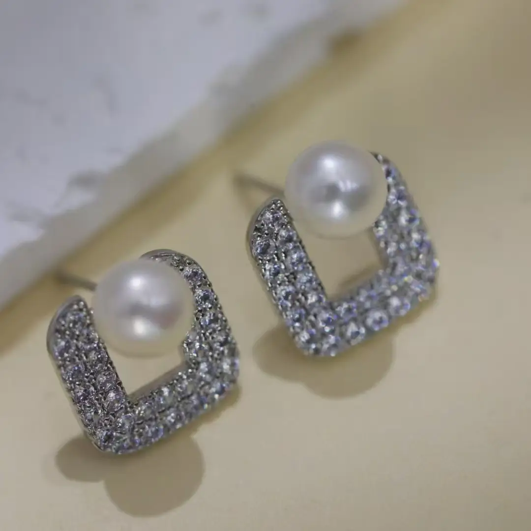 18K Gold Plated Pearl Square Zircon Earrings - Image 5
