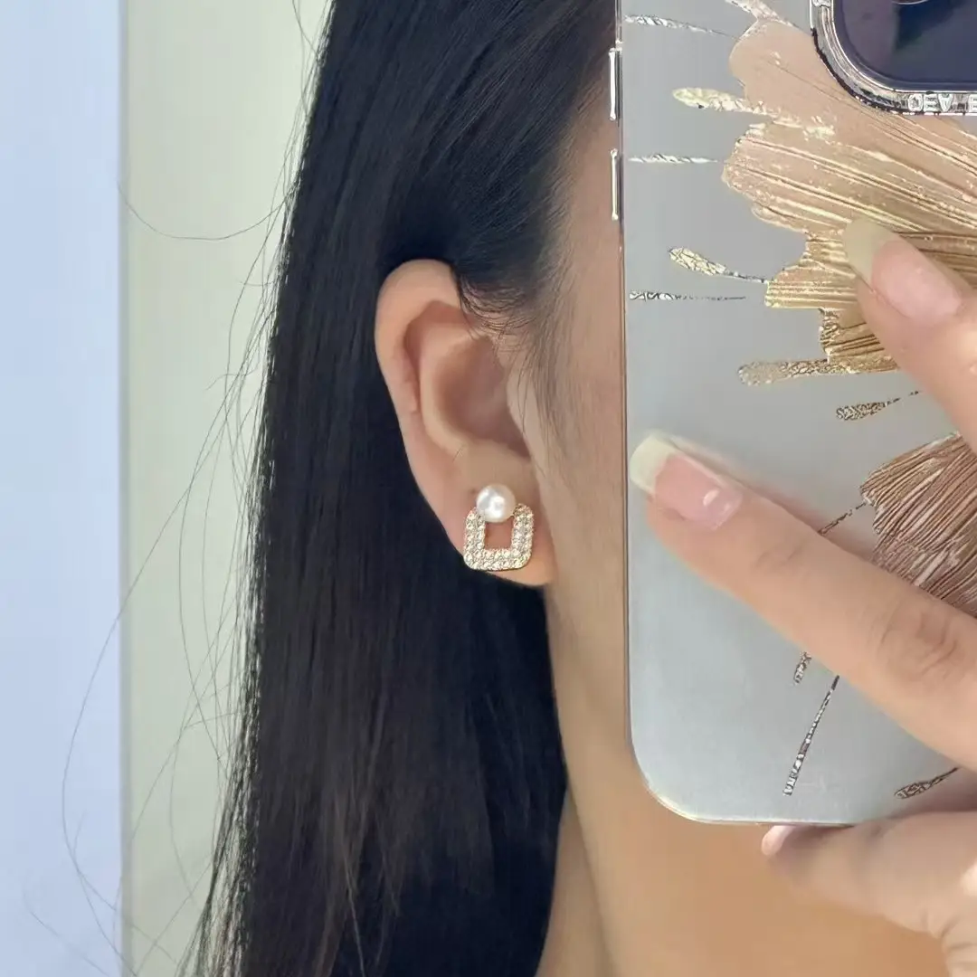 18K Gold Plated Pearl Square Zircon Earrings - Image 6