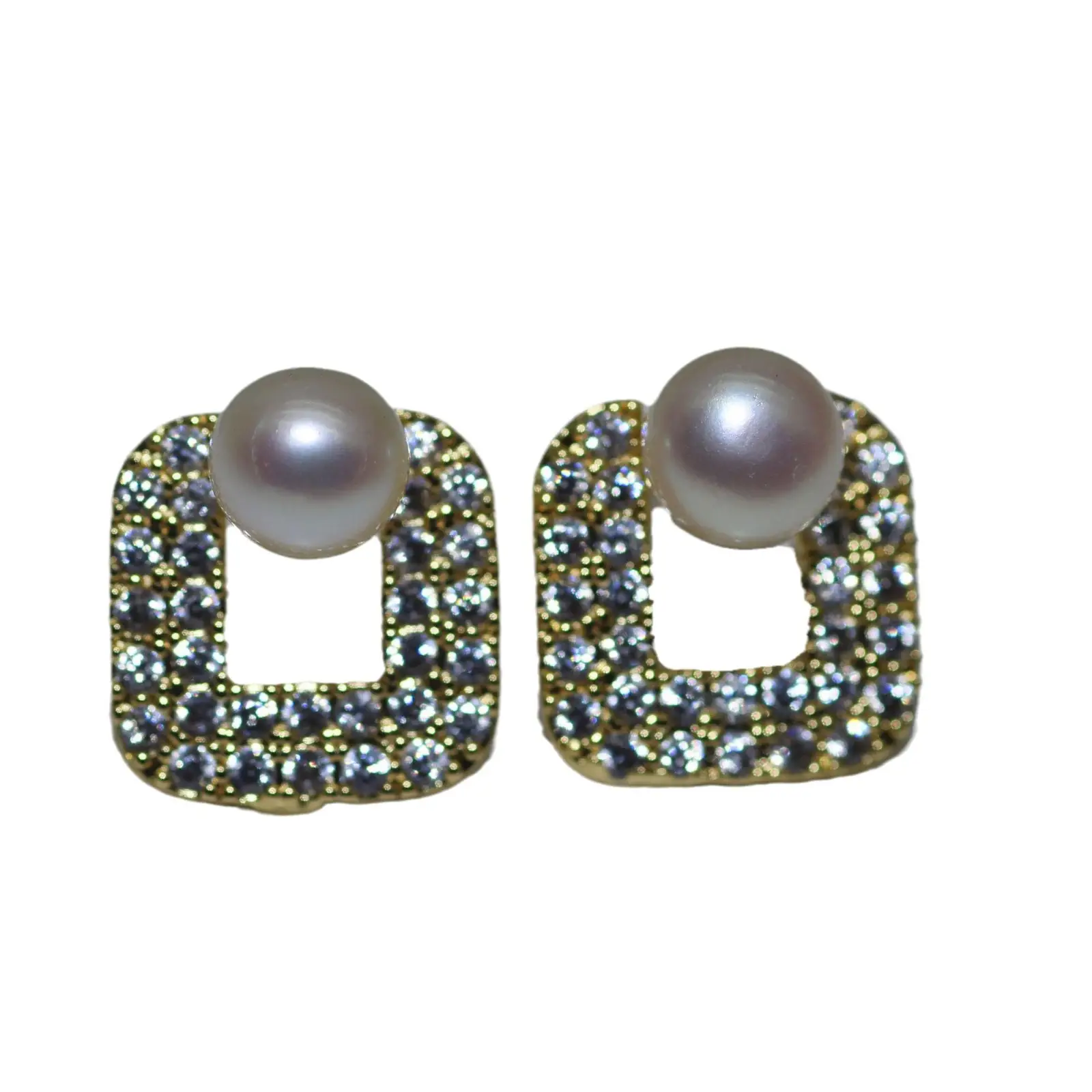 18K Gold Plated Pearl Square Zircon Earrings - Image 7