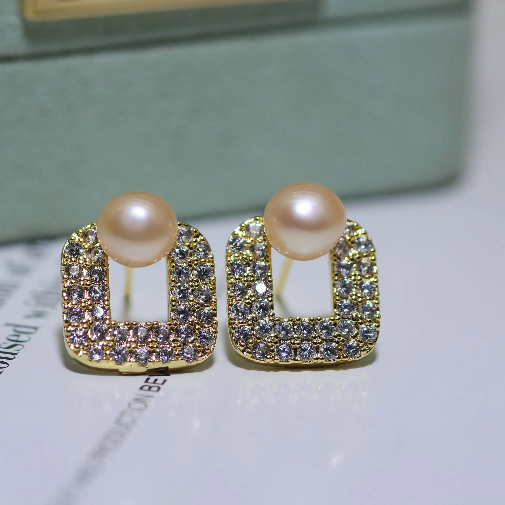 18K Gold Plated Pearl Square Zircon Earrings - Image 2