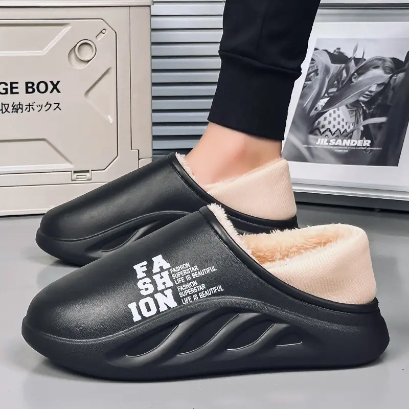 Winter Waterproof Cotton Slippers Men's Home Feeling fleece-lined Warm Household Baotou Comfortable Lazy Shoes Wool Slippers - Image 4