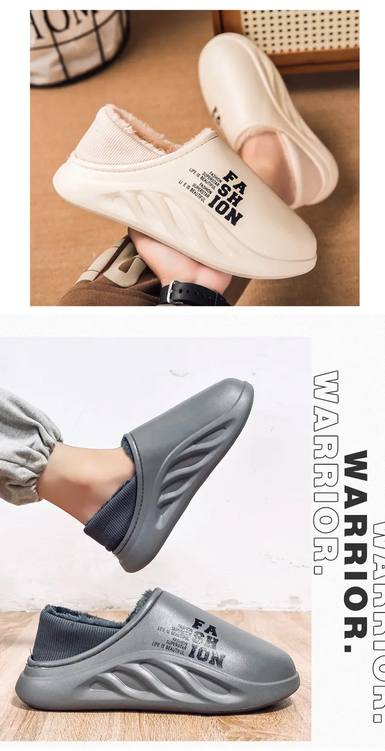 Winter Waterproof Cotton Slippers Men's Home Feeling fleece-lined Warm Household Baotou Comfortable Lazy Shoes Wool Slippers — feature 12