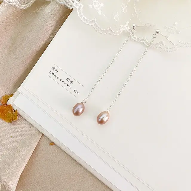 Long Natural Freshwater Pearl Earrings 925 Silver Elegant Girl Style - Image 2