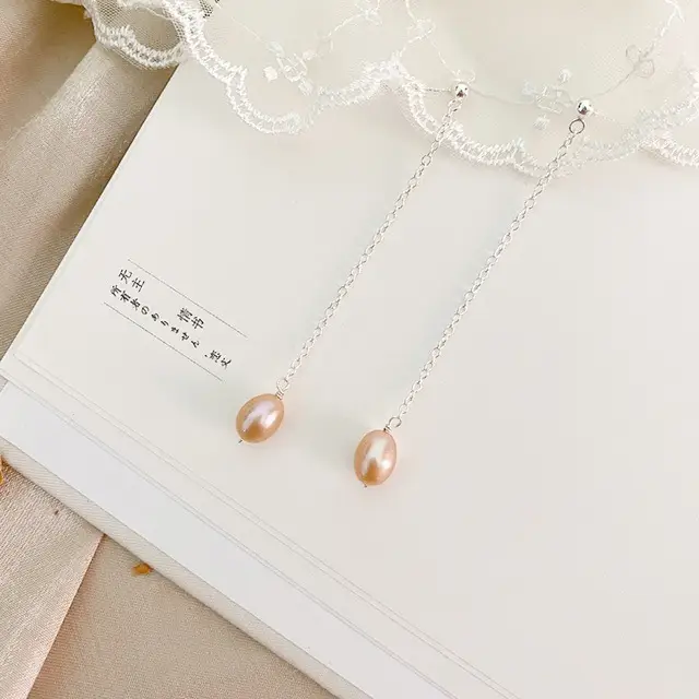 Long Natural Freshwater Pearl Earrings 925 Silver Elegant Girl Style - Image 3