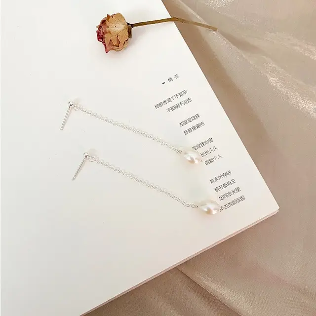Long Natural Freshwater Pearl Earrings 925 Silver Elegant Girl Style - Image 4