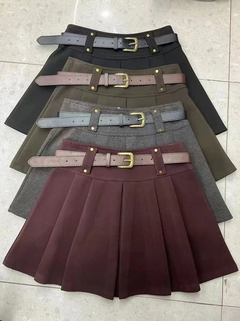 Maillard Woolen Pleated Skirt with Belt - Image 3