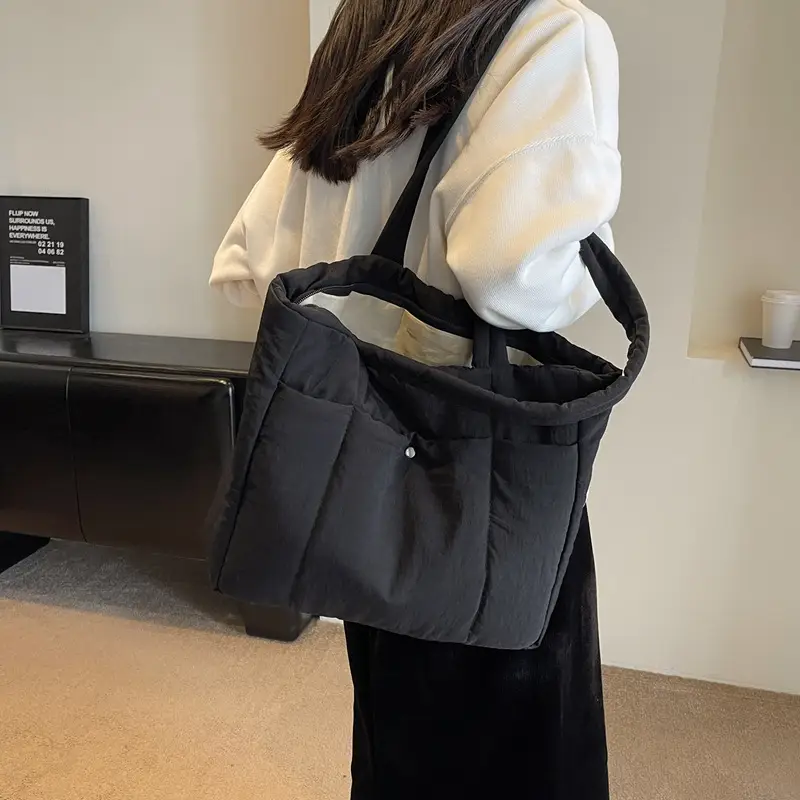 Rhombus Down Bag Black Large Capacity Cotton Shoulder Bag - Image 6