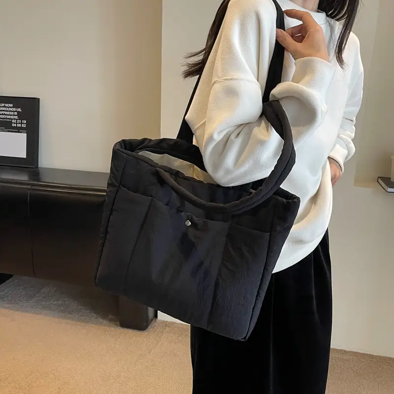 Rhombus Down Bag Black Large Capacity Cotton Shoulder Bag — feature 15