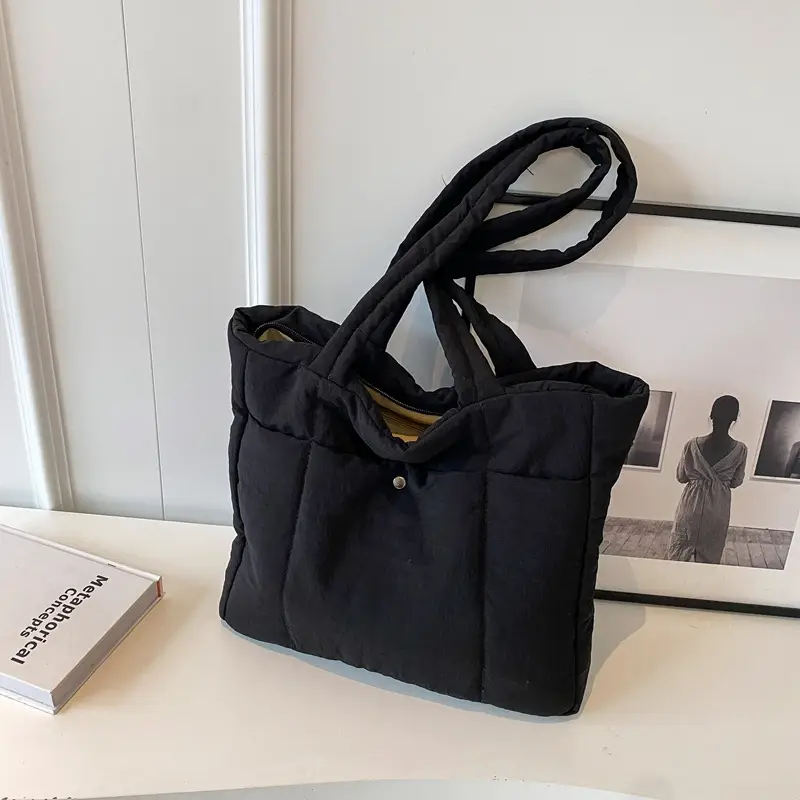 Rhombus Down Bag Black Large Capacity Cotton Shoulder Bag — feature 23