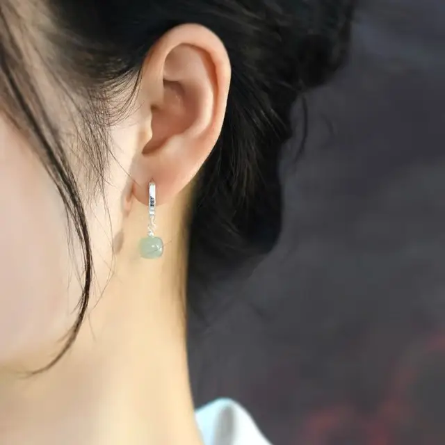 Natural Hetian Jade Earrings Women 925 Silver Drum Beads - Image 2