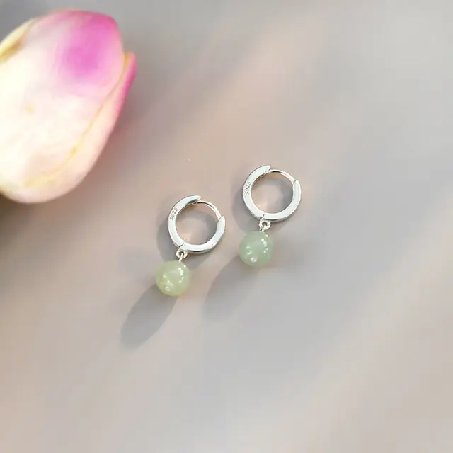 Natural Hetian Jade Earrings Women 925 Silver Drum Beads - Image 3