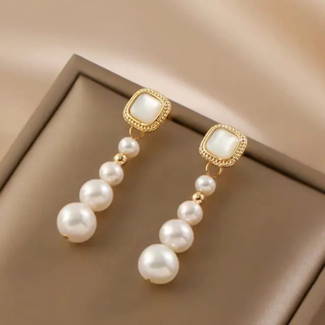 Retro Pearl Earrings Women Gold Plated Square Design - Image 4