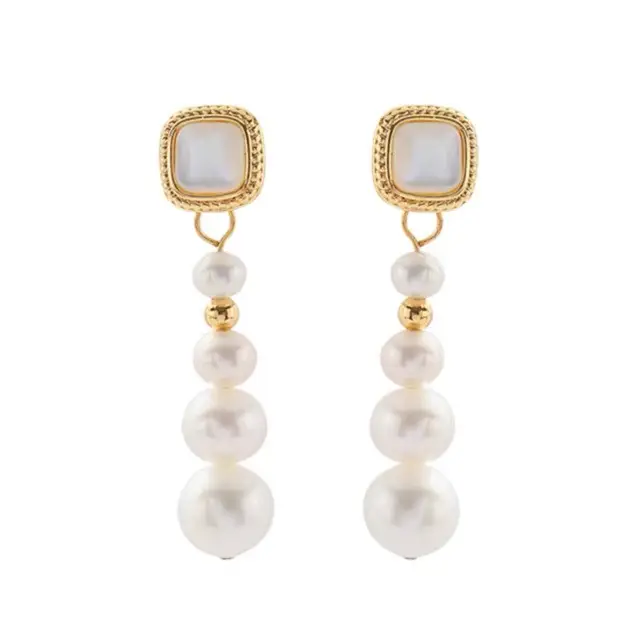 Retro Pearl Earrings Women Gold Plated Square Design - Image 5
