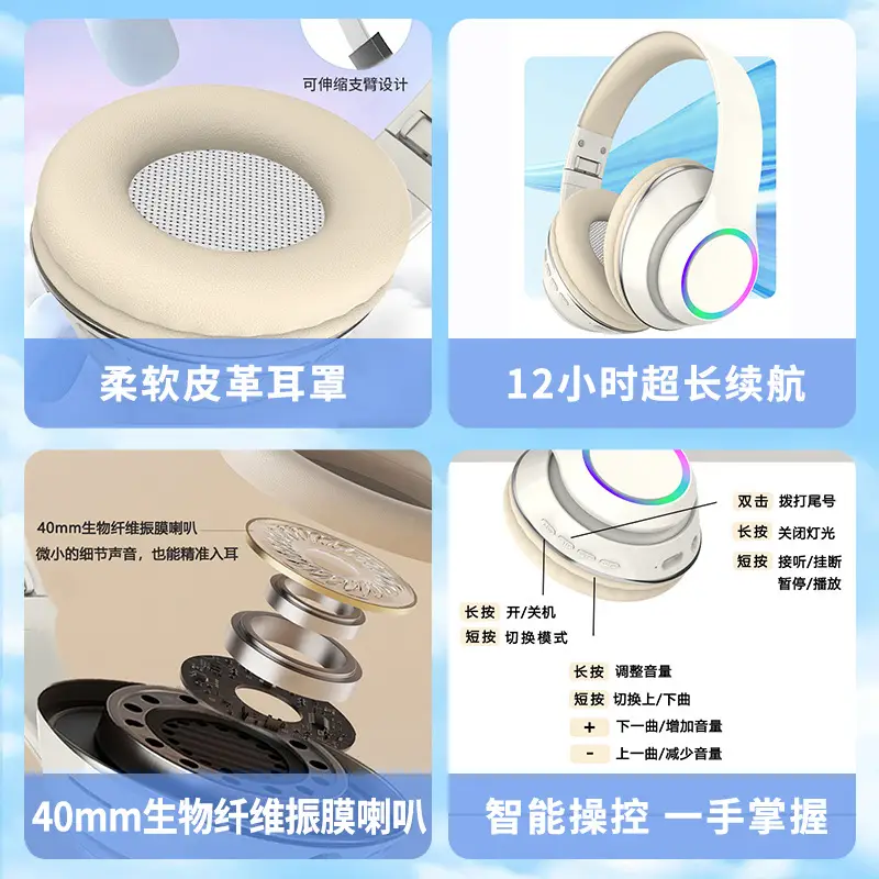 Bluetooth Wireless Headset with RGB Light & 40mm Foam Cover - Image 6