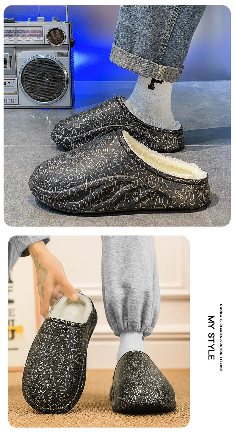 Cotton Slippers Men's Winter Home Baotou Lazy Shoes Waterproof fleece-lined Warm Thick Sole plus size Slippers Cotton Shoes Wool Slippers — feature 10