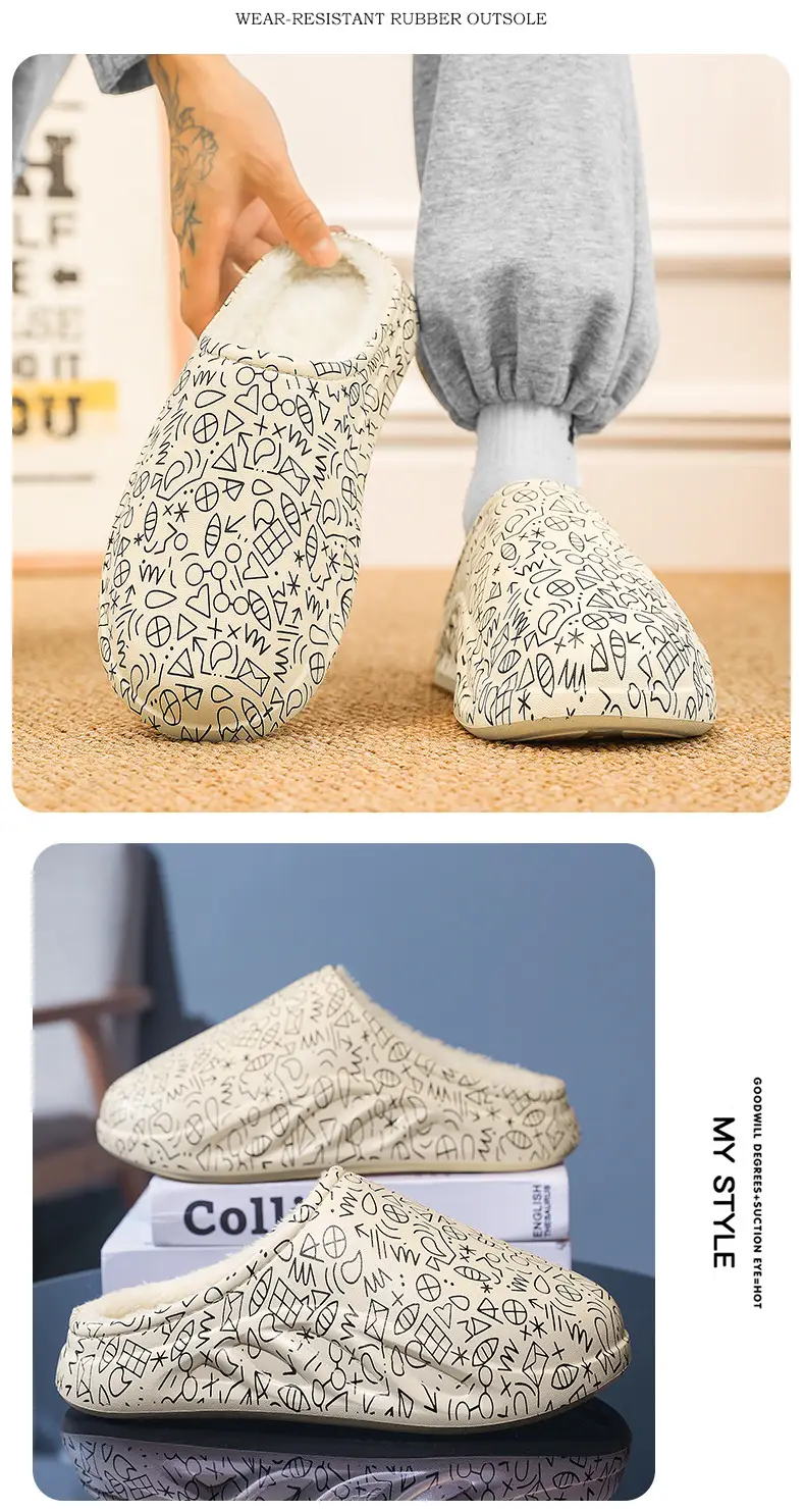 Cotton Slippers Men's Winter Home Baotou Lazy Shoes Waterproof fleece-lined Warm Thick Sole plus size Slippers Cotton Shoes Wool Slippers — feature 14