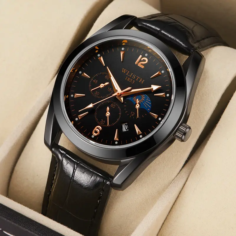 Men's Black Leather Belt Calendar Watch Waterproof Quartz - Image 4