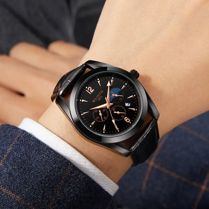 Men's Black Leather Belt Calendar Watch Waterproof Quartz - Image 5