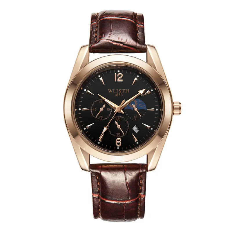 Men's Black Leather Belt Calendar Watch Waterproof Quartz - Image 2