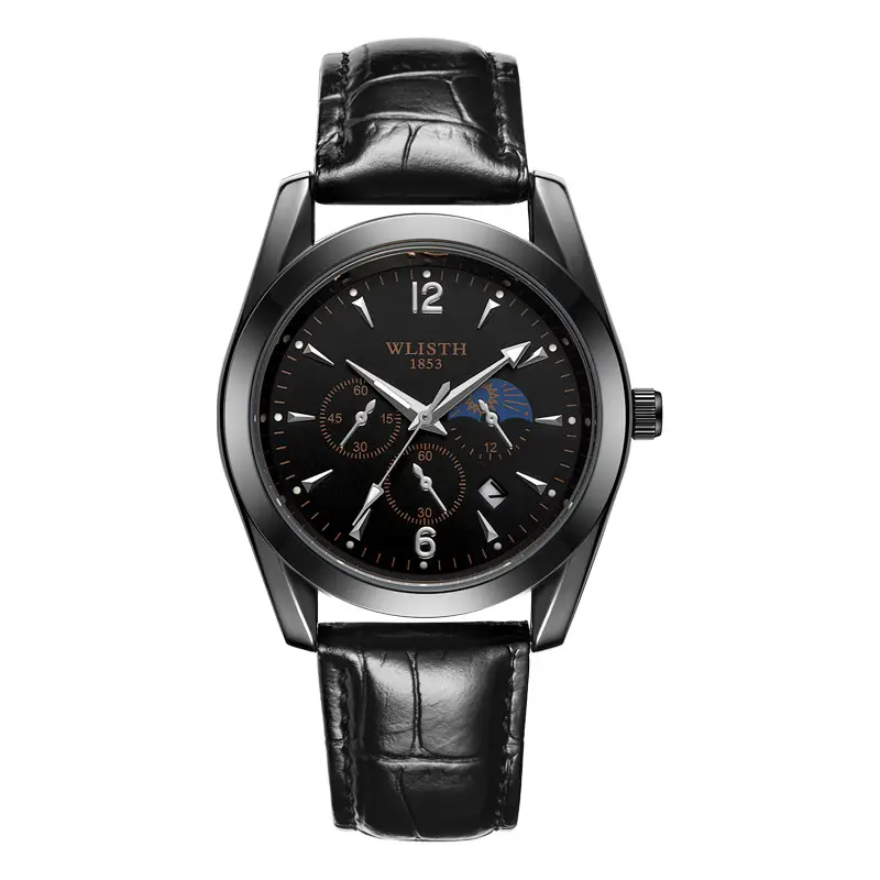 Men's Black Leather Belt Calendar Watch Waterproof Quartz - Image 3