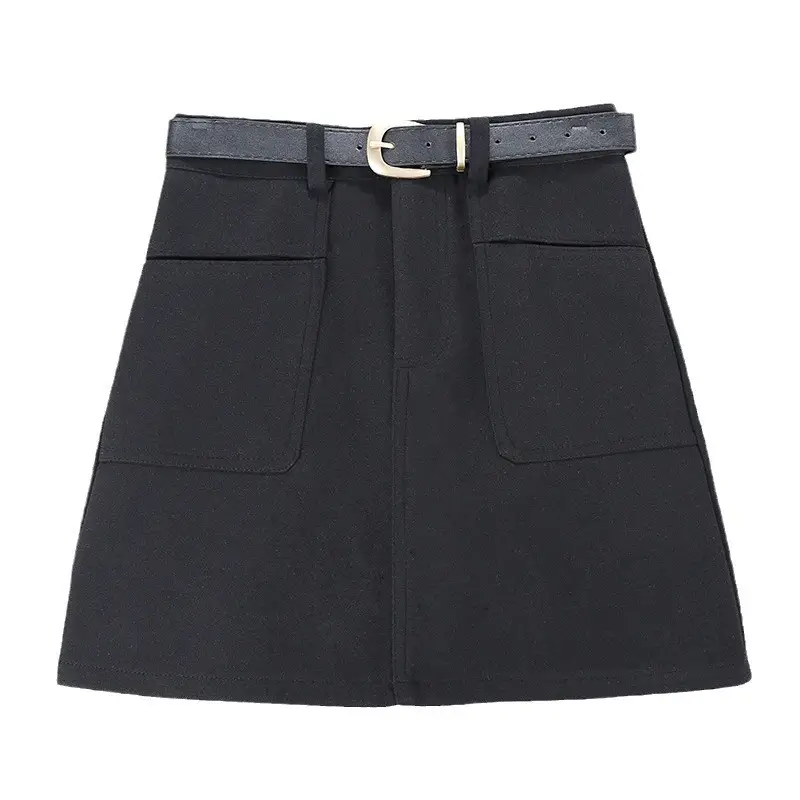 Black A-Large Pocket A-Lined Skirt with Belt