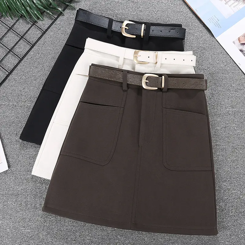 Black A-Large Pocket A-Lined Skirt with Belt — feature 1